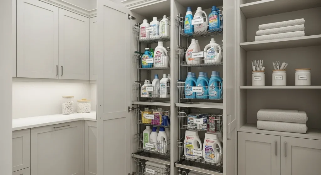 Laundry pantry with sliding wire baskets for easy organized storage