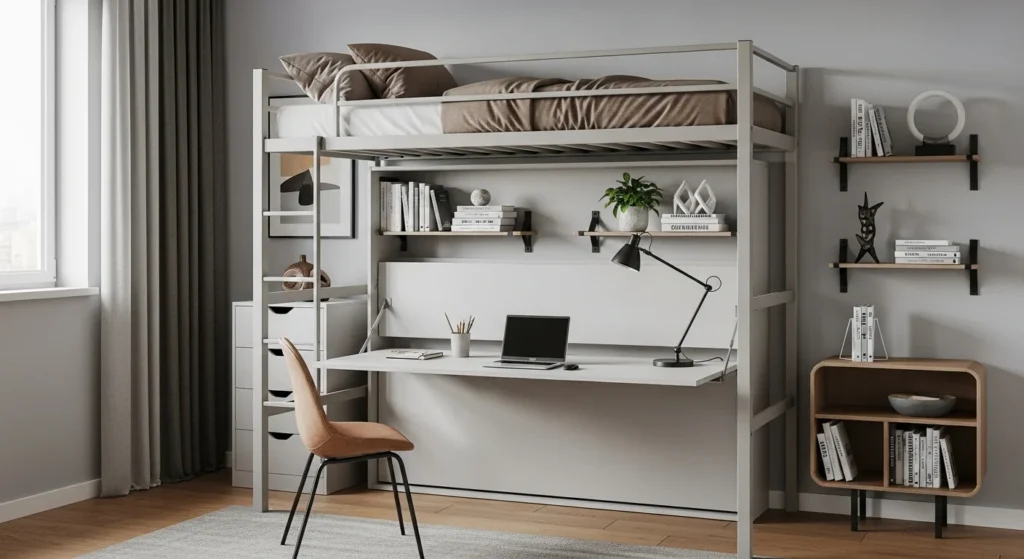 Loft bed with foldable Murphy desk underneath, small bedroom multifunctional 2026 design