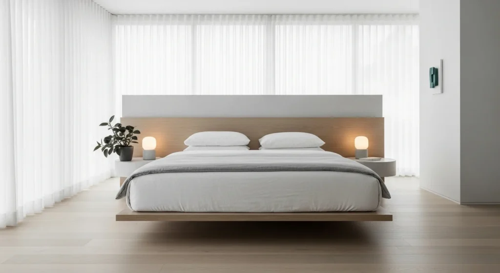 ed with wall-mounted floating headboard, minimalist bedding, modern airy 2026 bedroom