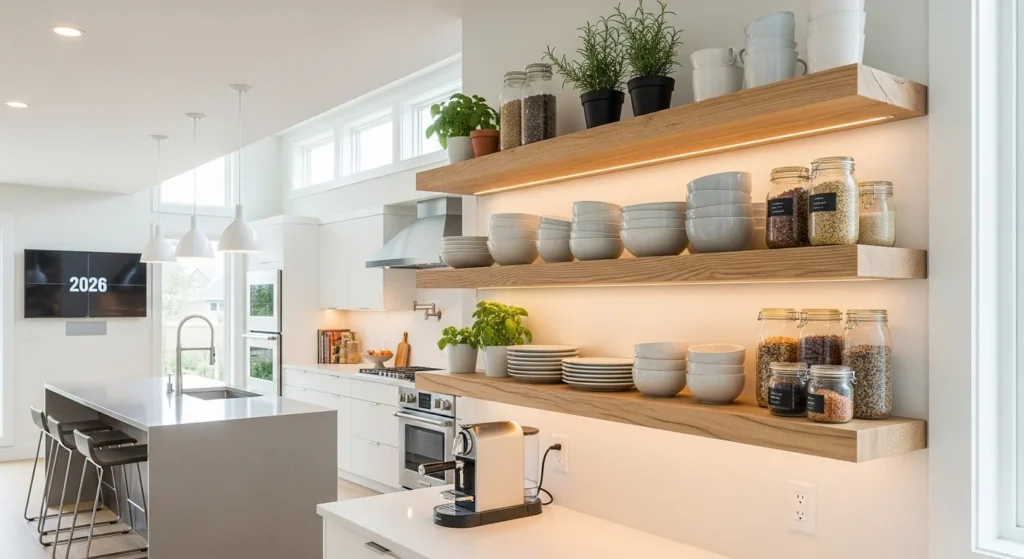 Kitchen with floating wooden shelves, modern organized 2026 interior