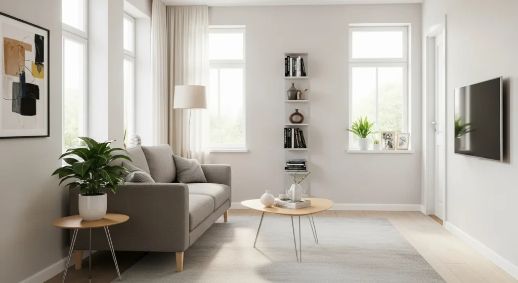 Apartment living room with compact modern furniture and a smart space-saving layout