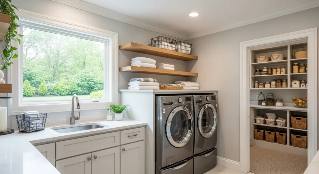 Spacious laundry room leading to hidden walk-in pantry storage area