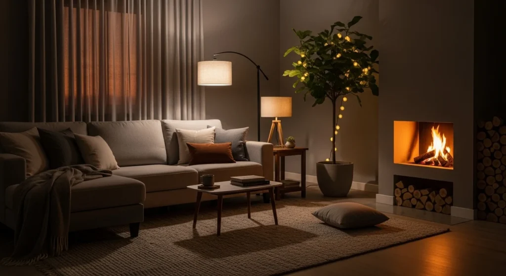 Gray living room with warm layered lighting creating a cozy and inviting mood