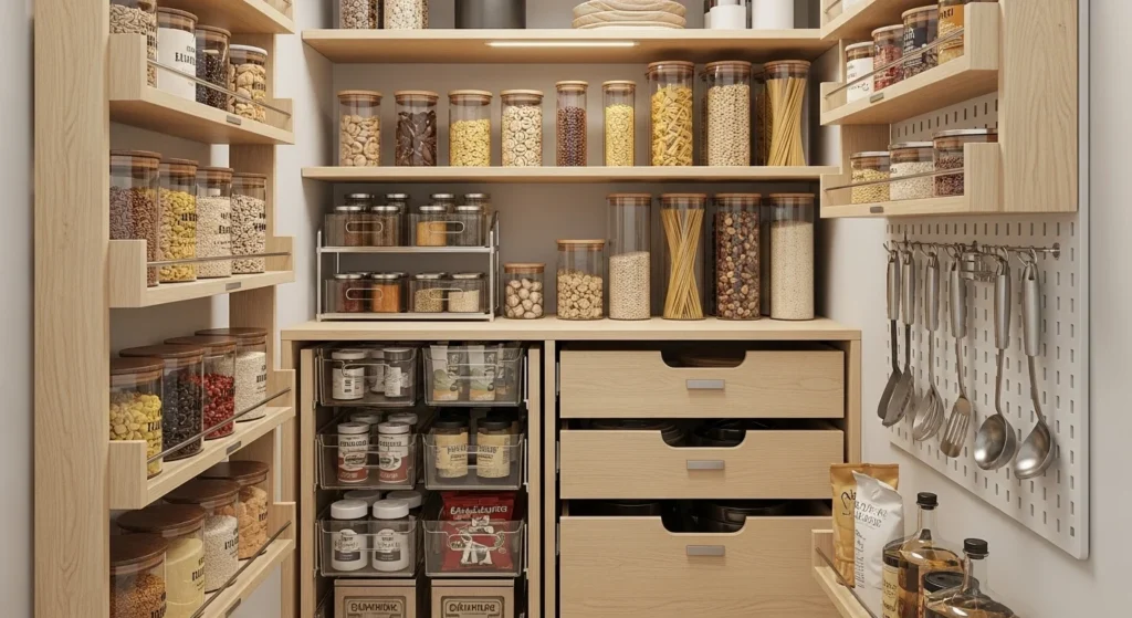 Small kitchen food pantry optimized with smart storage solutions for maximum efficiency