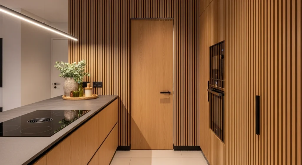 Pantry hidden behind wooden slats adding warmth and texture to the kitchen
