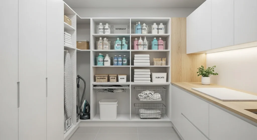 Laundry room pantry organized for daily use with frequently accessed items at eye level