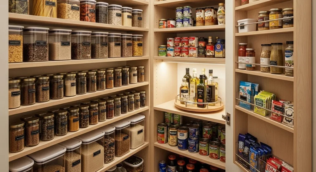 Small pantry optimized with smart storage solutions for efficient food organization