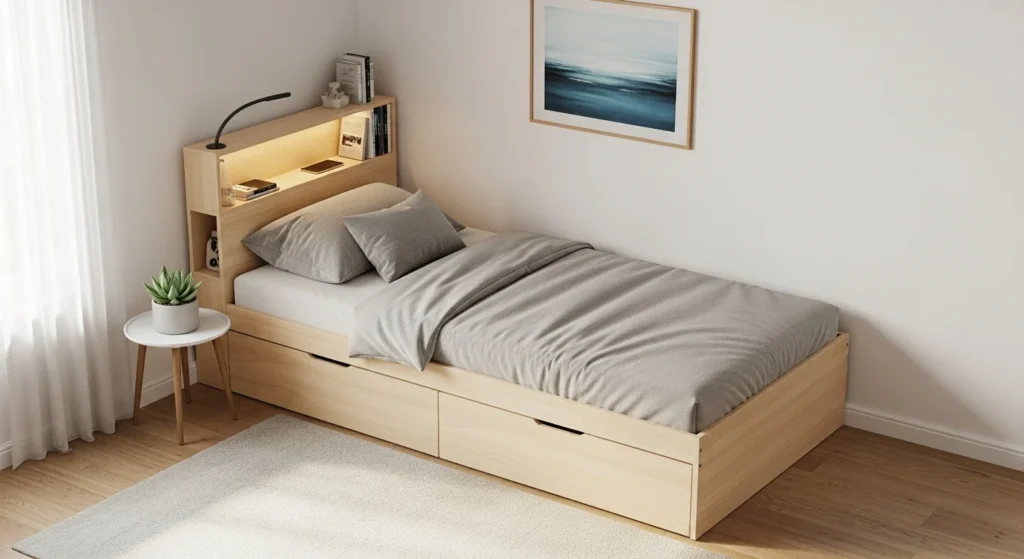 Compact modern bed designed to maximize space in a small bedroom