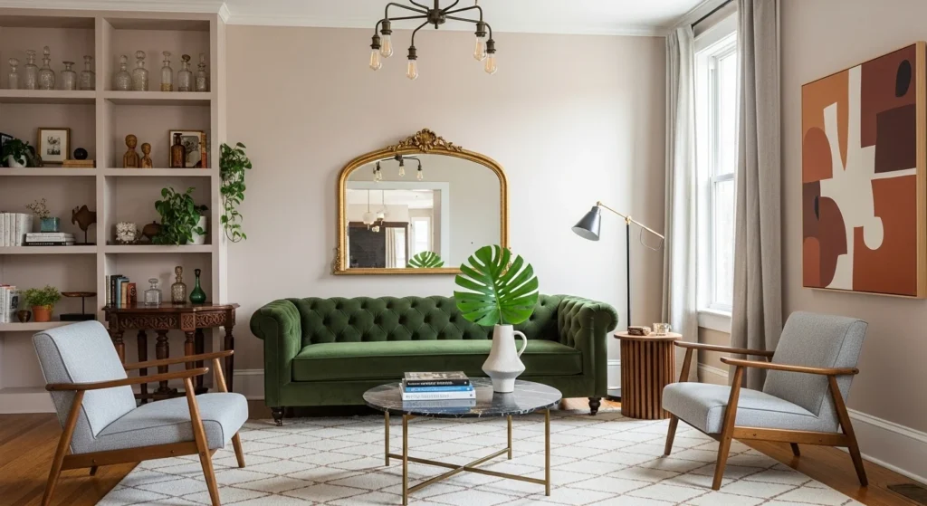 Parlor combining vintage accent furniture with modern styling for character