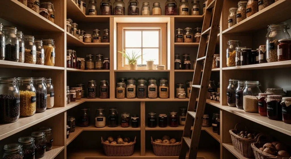 Farmhouse pantry featuring natural wood shelves and warm rustic styling