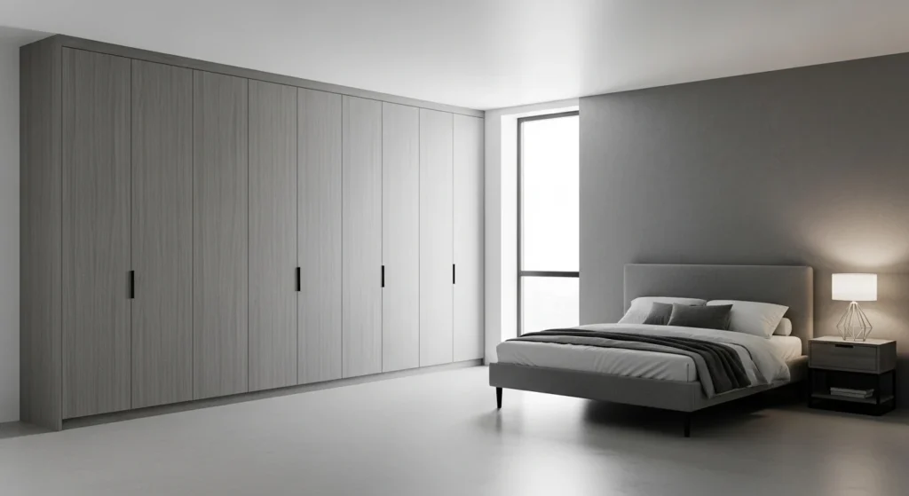 Grey bedroom featuring built-in storage cabinets for a clean and organized space