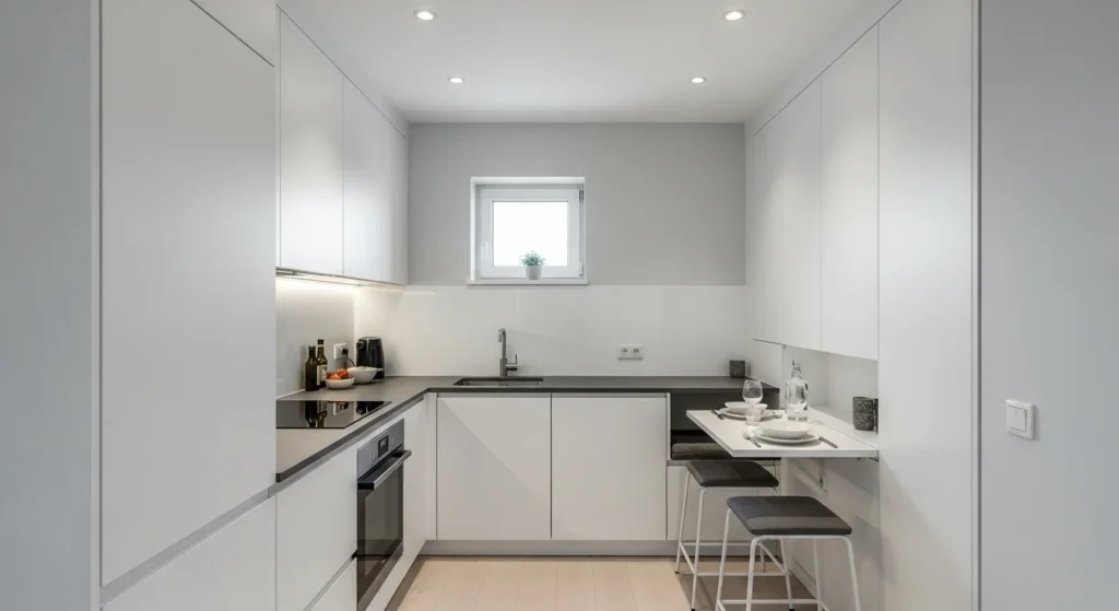 Small kitchen with hidden storage compartments and seamless cabinetry for a clutter-free look
