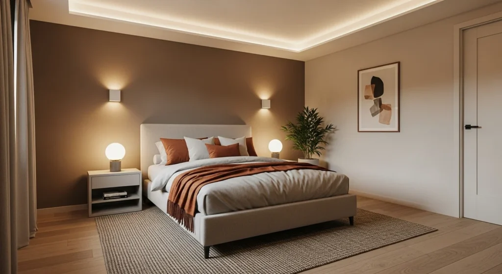 Guest bedroom enhanced with soft lighting to create a relaxing and inviting atmosphere