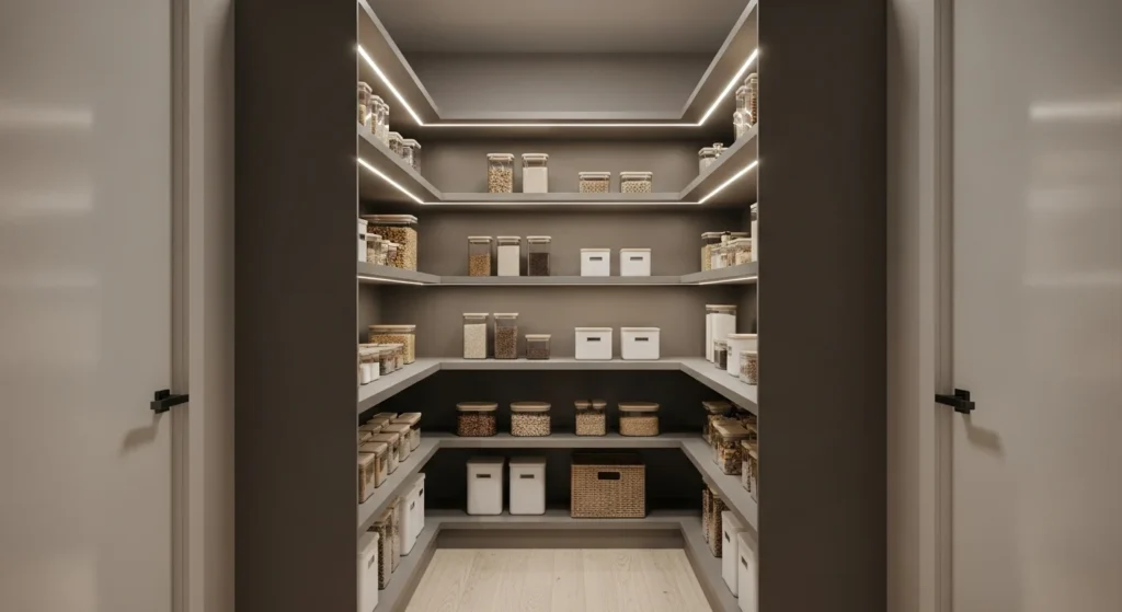 Narrow walk-in pantry with matte finishes for a sleek and modern 2026 look