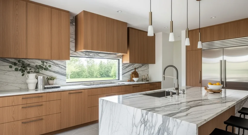 Wooden cabinets paired with marble countertops, elegant modern 2026 kitchen