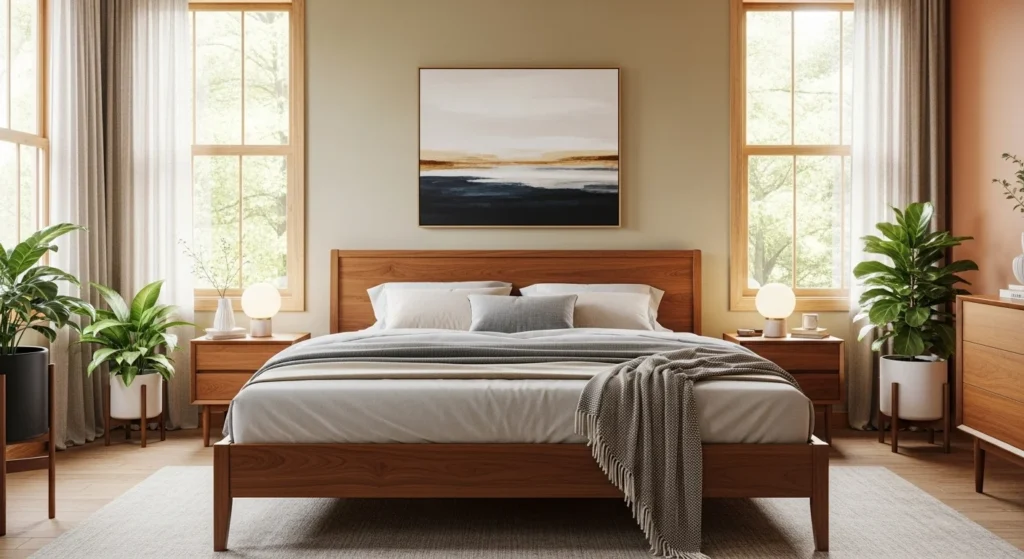 Mid-century modern wooden bed with sleek lines and neutral bedding, cozy 2026 bedroom