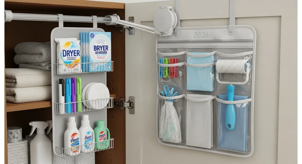Laundry room cabinet door storage using hanging organizers, smart 2026 solution