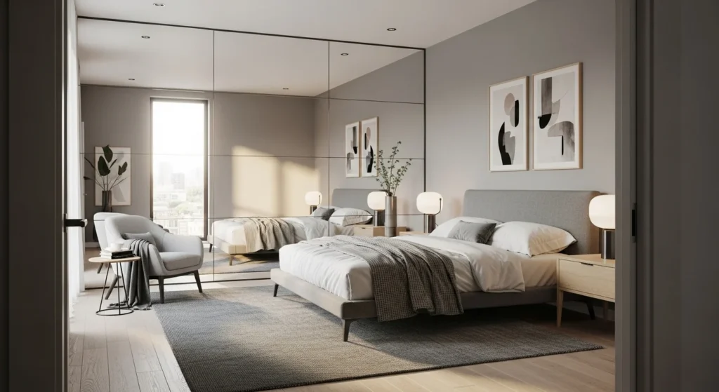 Bedroom layout with large mirrors enhancing light and making the room feel larger