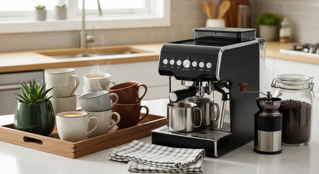 Kitchen counter styled with a compact coffee station setup