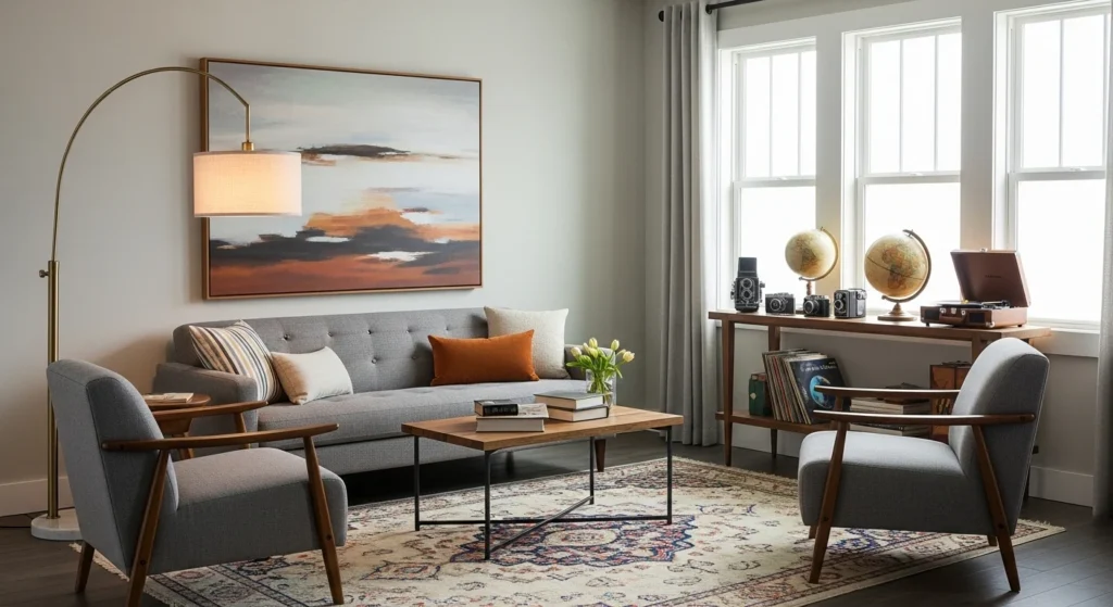 Modern living room with subtle vintage decor accents