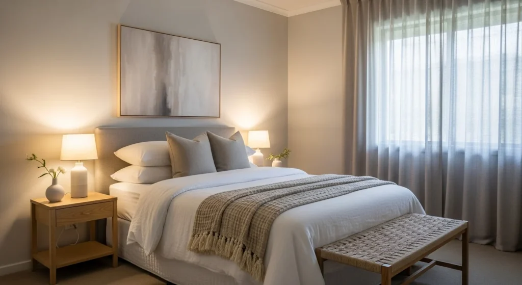 Guest bedroom designed as a calm sanctuary with soft neutral colors and peaceful lighting