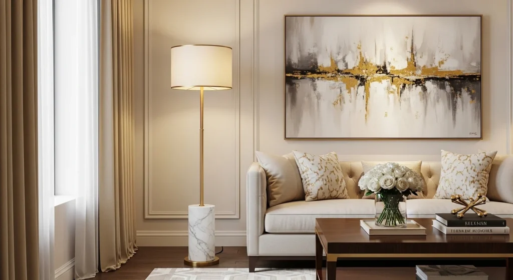 Luxury floor lamp with marble base in elegant living room