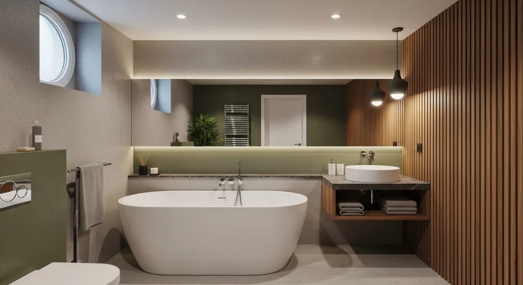 Basement bathroom featuring small freestanding bathtub with modern design