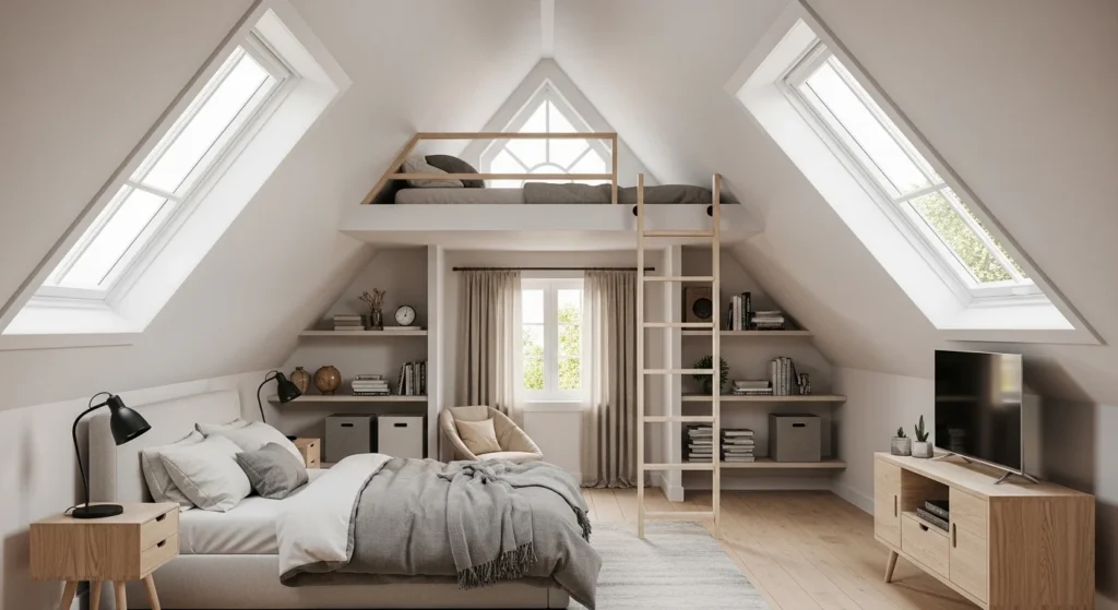 Attic bedroom with lofted shelves and storage maximizing vertical space
