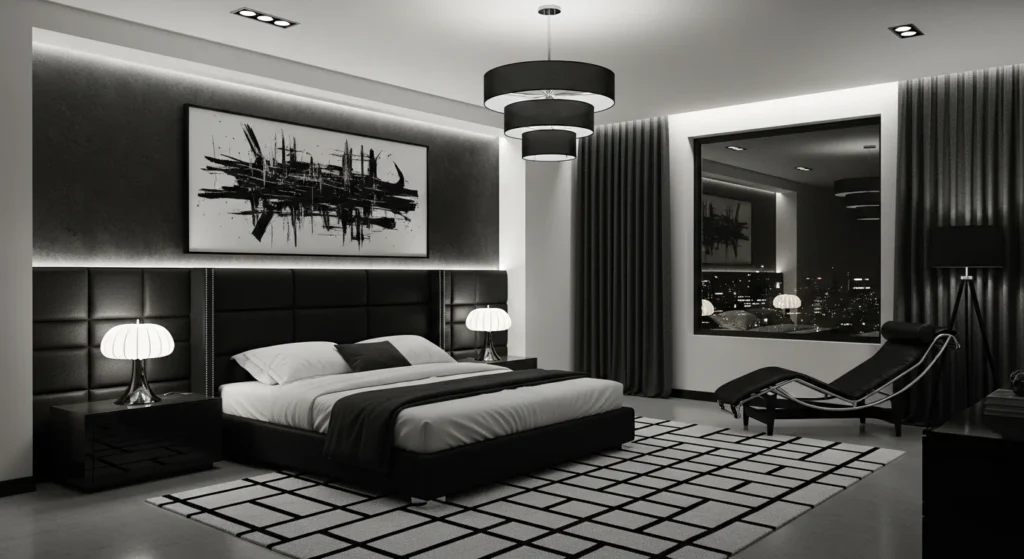 Bedroom with black-and-white color scheme, modern furniture, and layered lighting