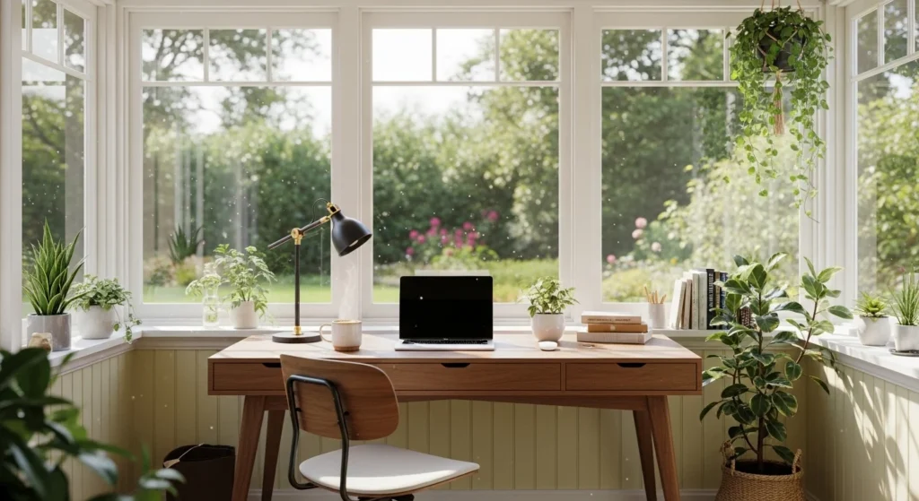 Home office setup inside sunroom with natural daylight