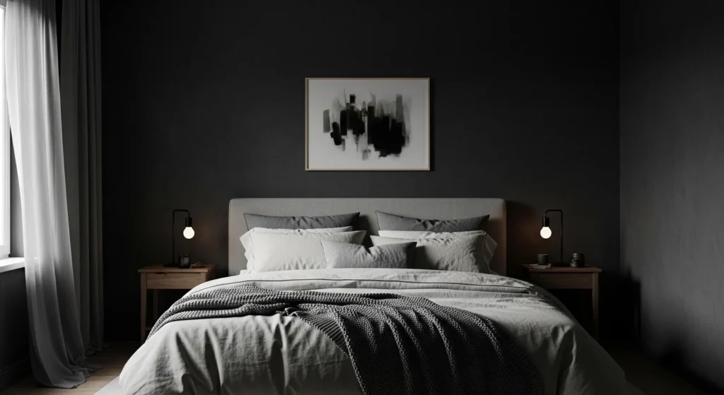 Moody bedroom balanced with soft neutral bedding