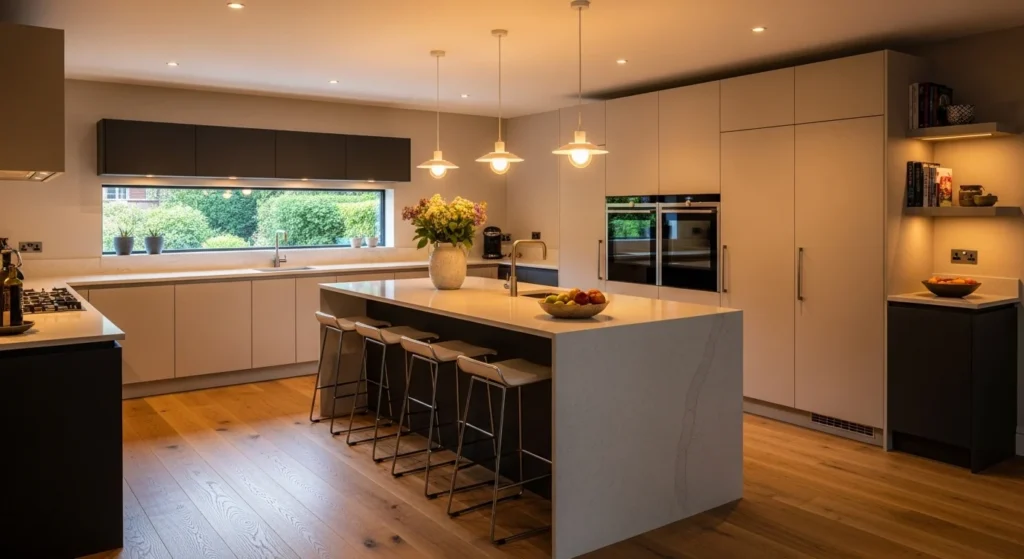 Kitchen with oak wood flooring creating warm cohesive design