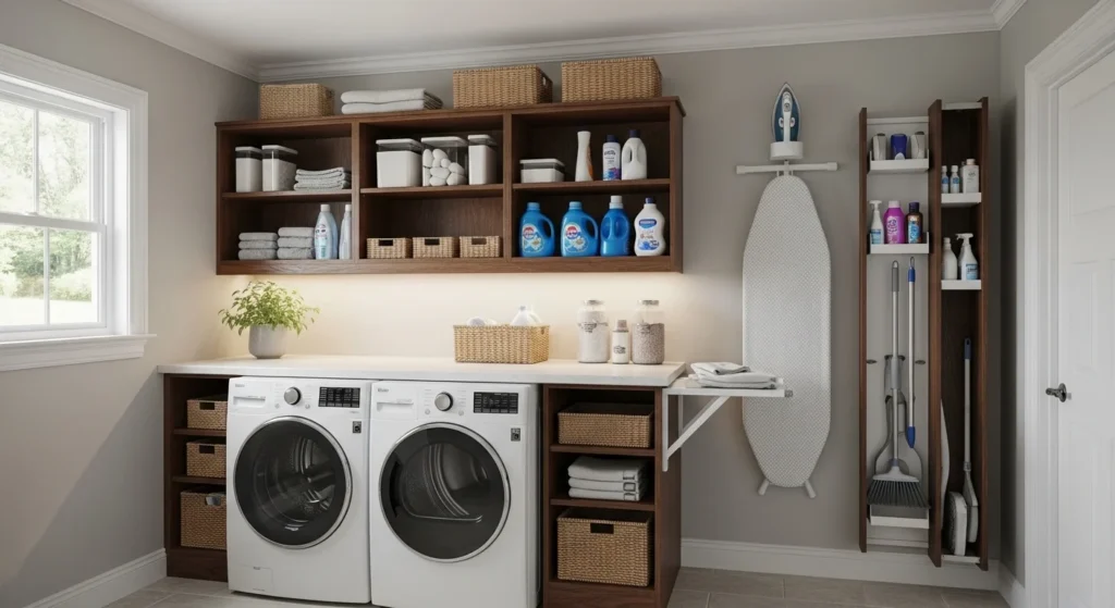 Laundry room with under-cabinet shelves for extra storage space