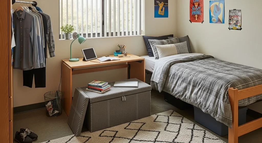 Dorm room with multi-functional furniture for small spaces
