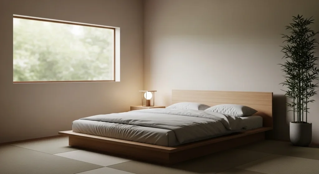 Low Japanese-style wooden bed with natural wood tones in minimalist bedroom