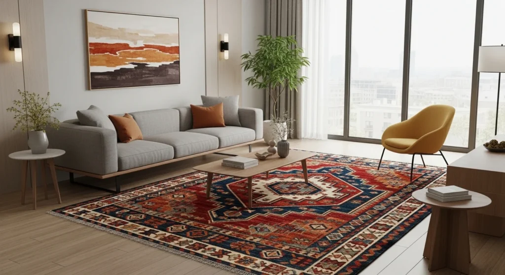 Living room rug with bold tribal or ikat-inspired ethnic patterns