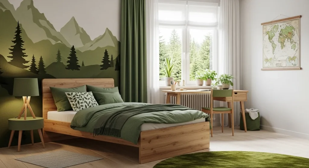 Boys bedroom with wooden furniture, green accents, and natural decor
