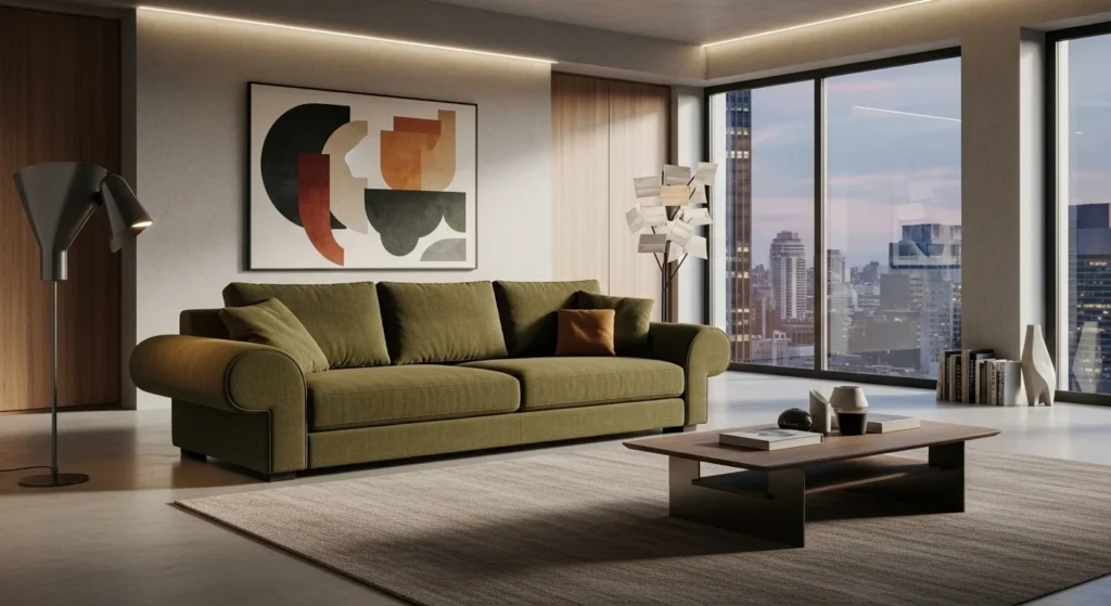 Living room with sofa featuring bold and oversized arms