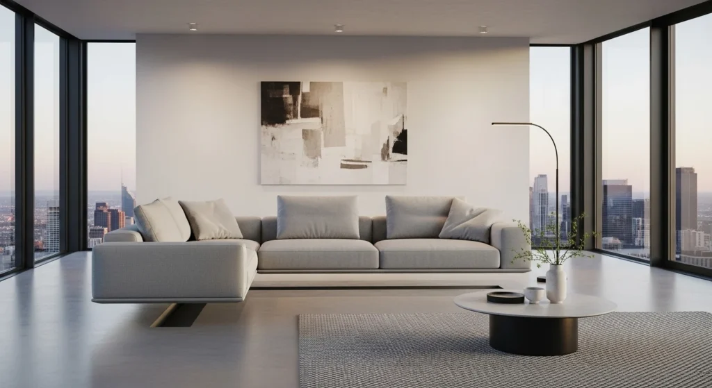 Modern sofa with floating base design in minimalist living room