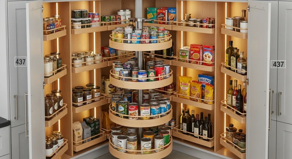 Corner kitchen pantry with rotating shelves for easy access