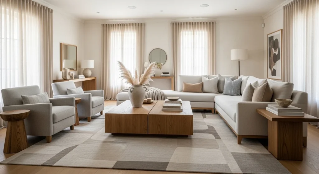 Luxury living room with natural wood furniture and warm accents