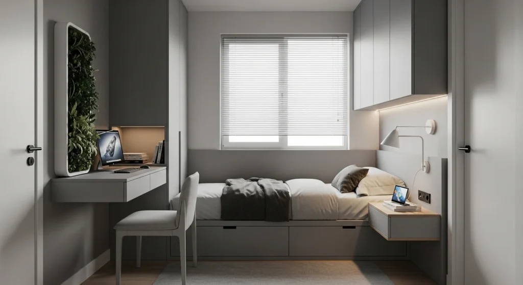 Small gray bedroom styled smartly with space-saving furniture