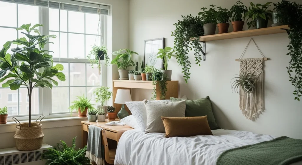 : College dorm room with indoor plants and greenery for fresh ambiance