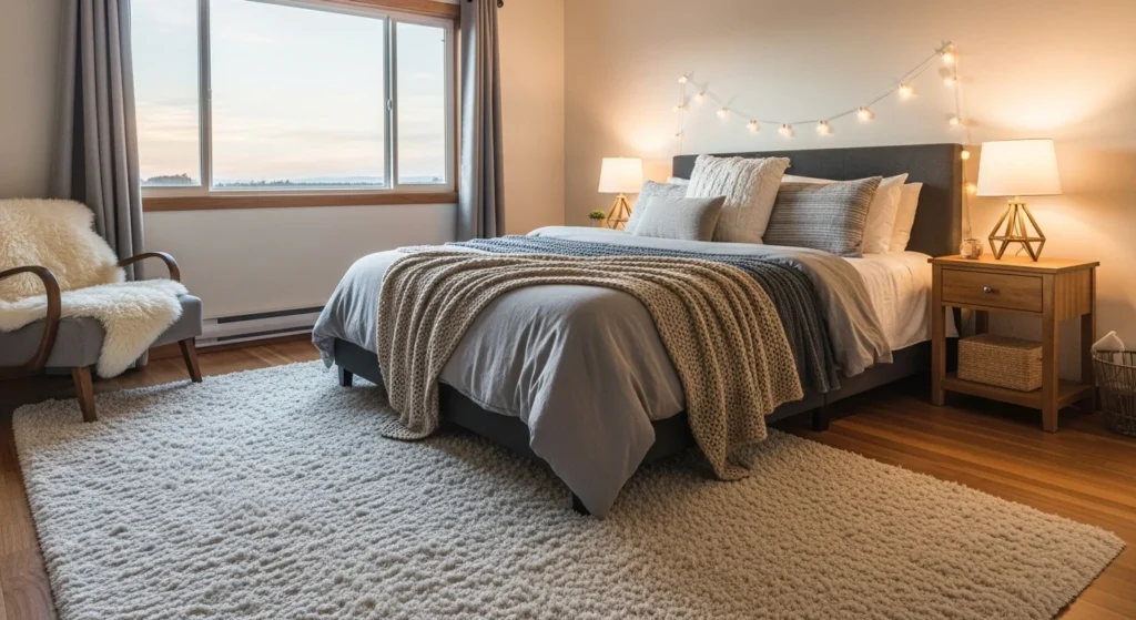 Cozy bedroom featuring a plush area rug, layered bedding, and warm ambient lighting