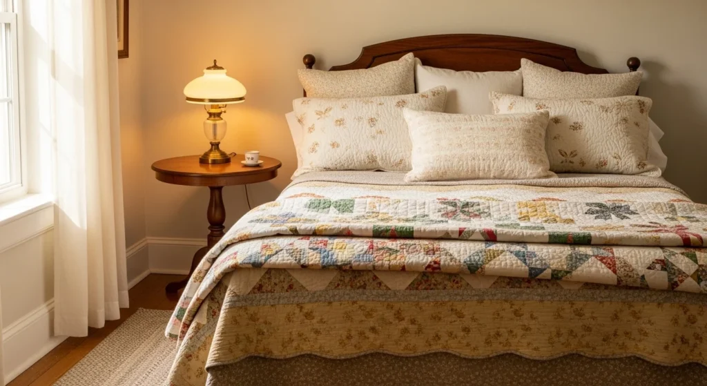 Vintage bedroom featuring layered quilts and textured bedding