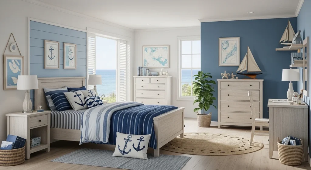 Teen bedroom with blue and white coastal theme decor