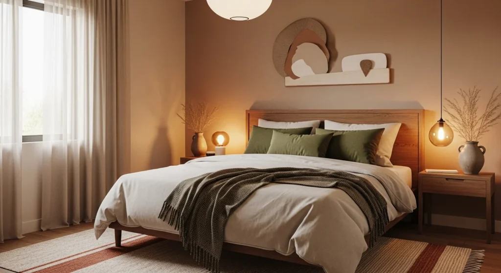 Bedroom decorated with clay and olive earth-tone color palette
