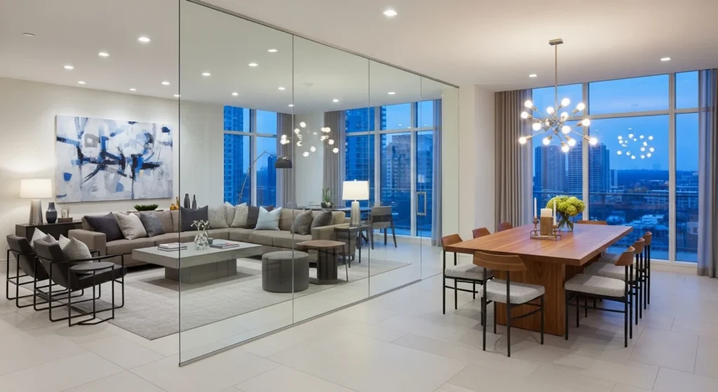 Living room with glass partition separating lounge and dining area, modern 2026