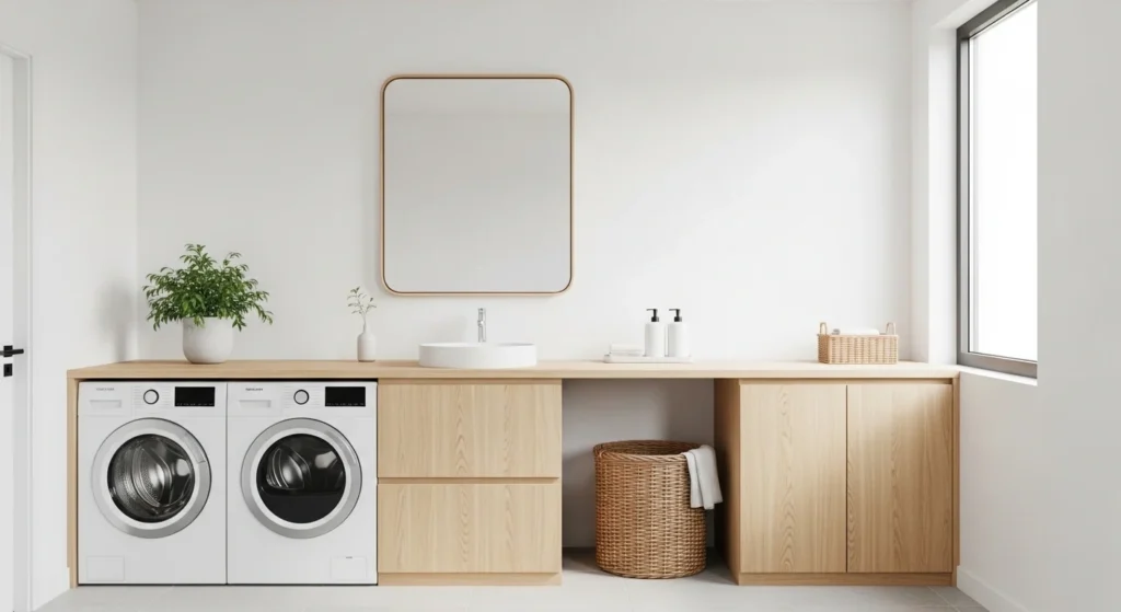 candinavian laundry room with white walls, light wood cabinets and natural lighting
