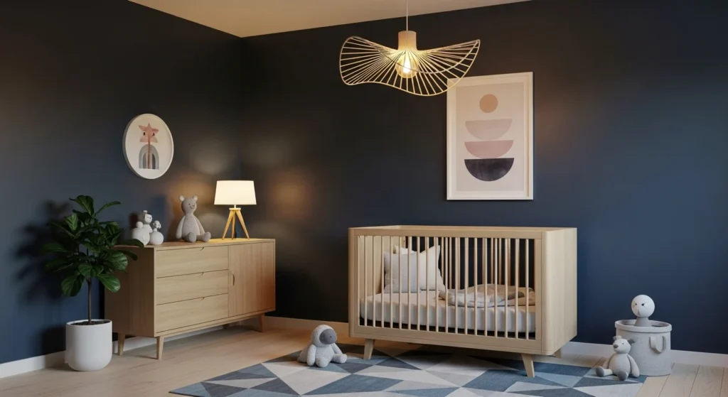 Moody nursery with deep navy walls and warm lighting